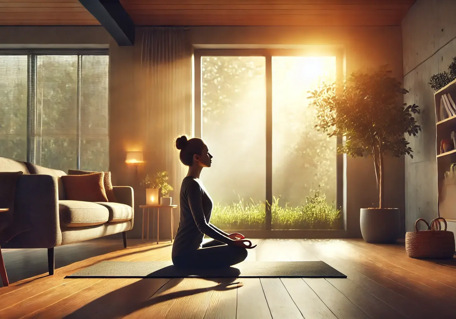 Woman practicing mindfulness meditation in a modern living room with soft sunlight, promoting mental clarity and emotional balance